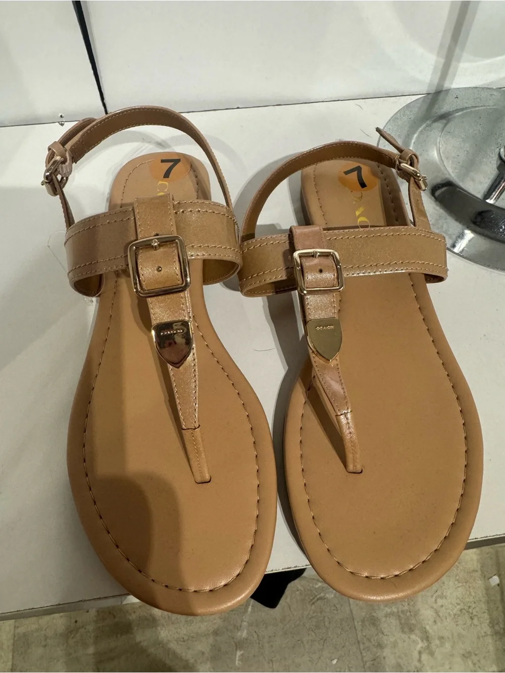 Coach Tan T-Strap Buckle Sandals